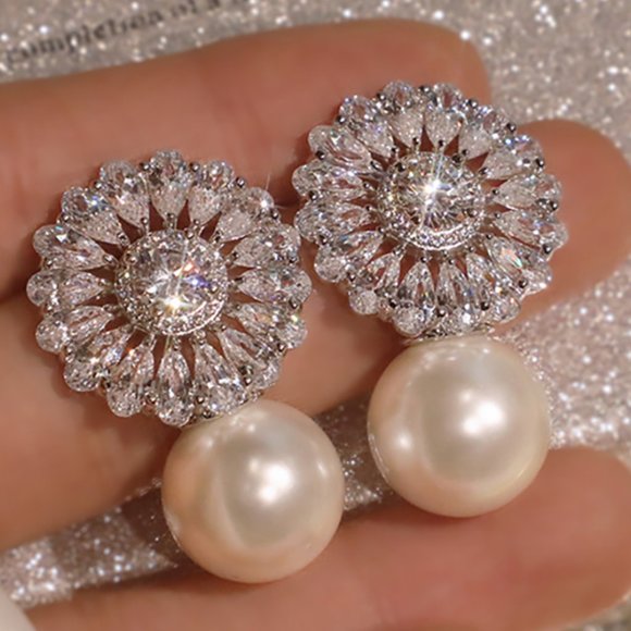 Jewelry - "Flower Design Drop Tear Shape Inlaid Crystal Pearl Earring, GPMB1760